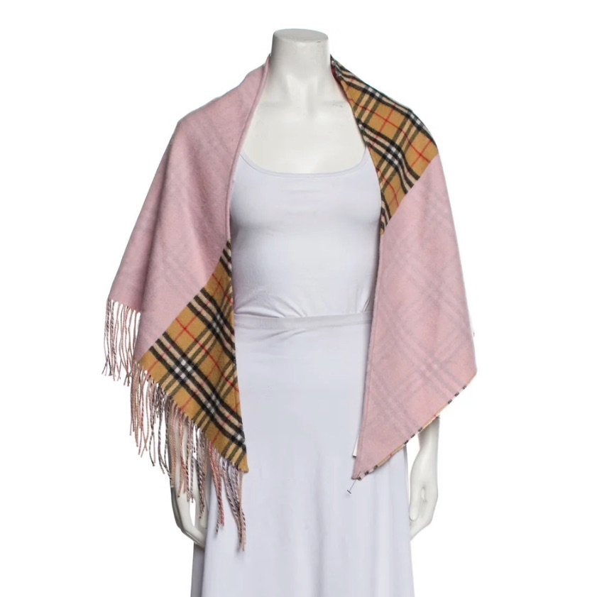 Burberry Plaid Pink And Tan Women's Scarf V Shape With Fringe